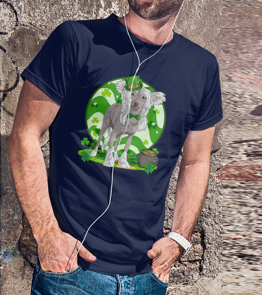 Chinese Crested Dog With Leprechaun Hat And Shamrocks For St Patrick's Day T-Shirt