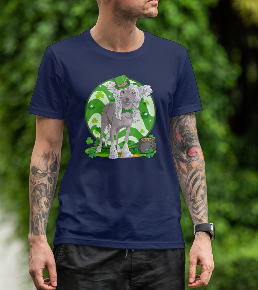 Chinese Crested Dog With Leprechaun Hat And Shamrocks For St Patrick's Day T-Shirt