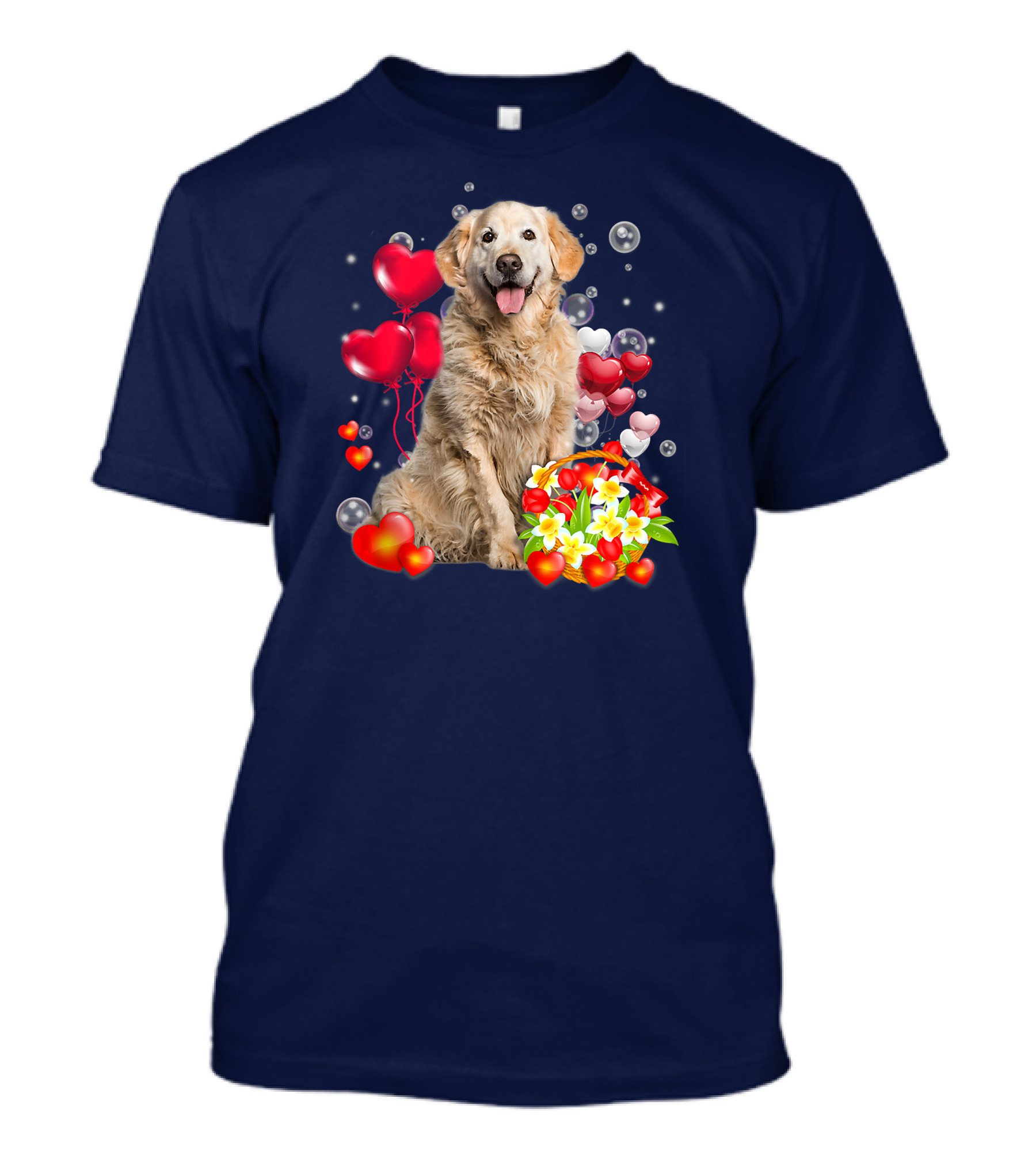 Golden Retriever Surrounded By Heart Balloons And Flowers T-Shirt