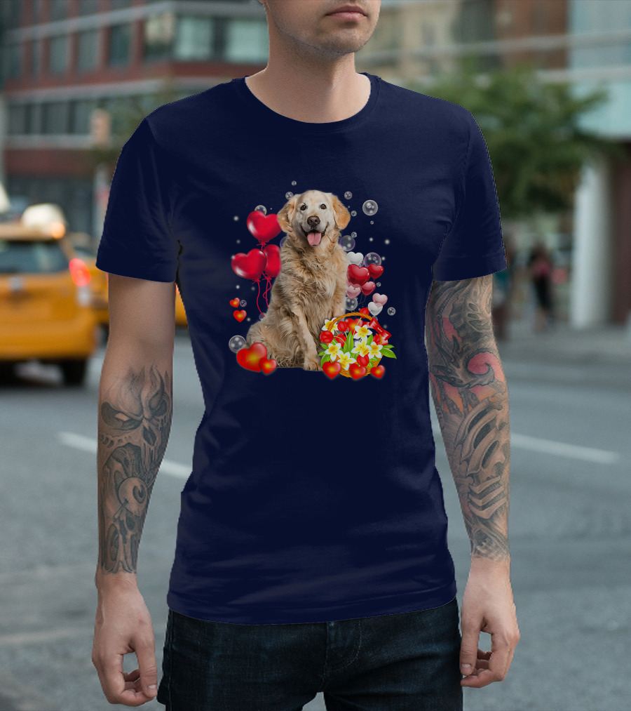 Golden Retriever Surrounded By Heart Balloons And Flowers T-Shirt