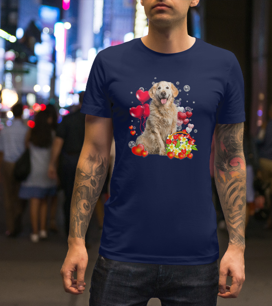 Golden Retriever Surrounded By Heart Balloons And Flowers T-Shirt