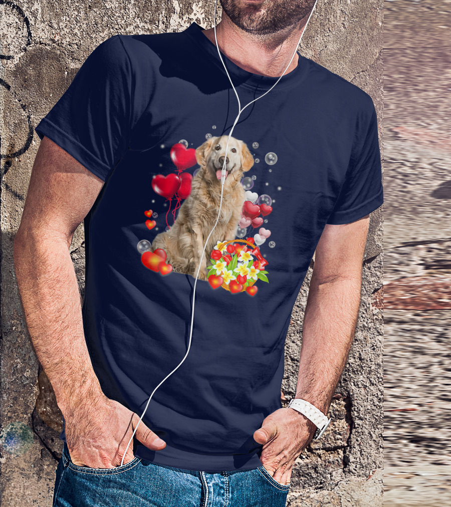 Golden Retriever Surrounded By Heart Balloons And Flowers T-Shirt