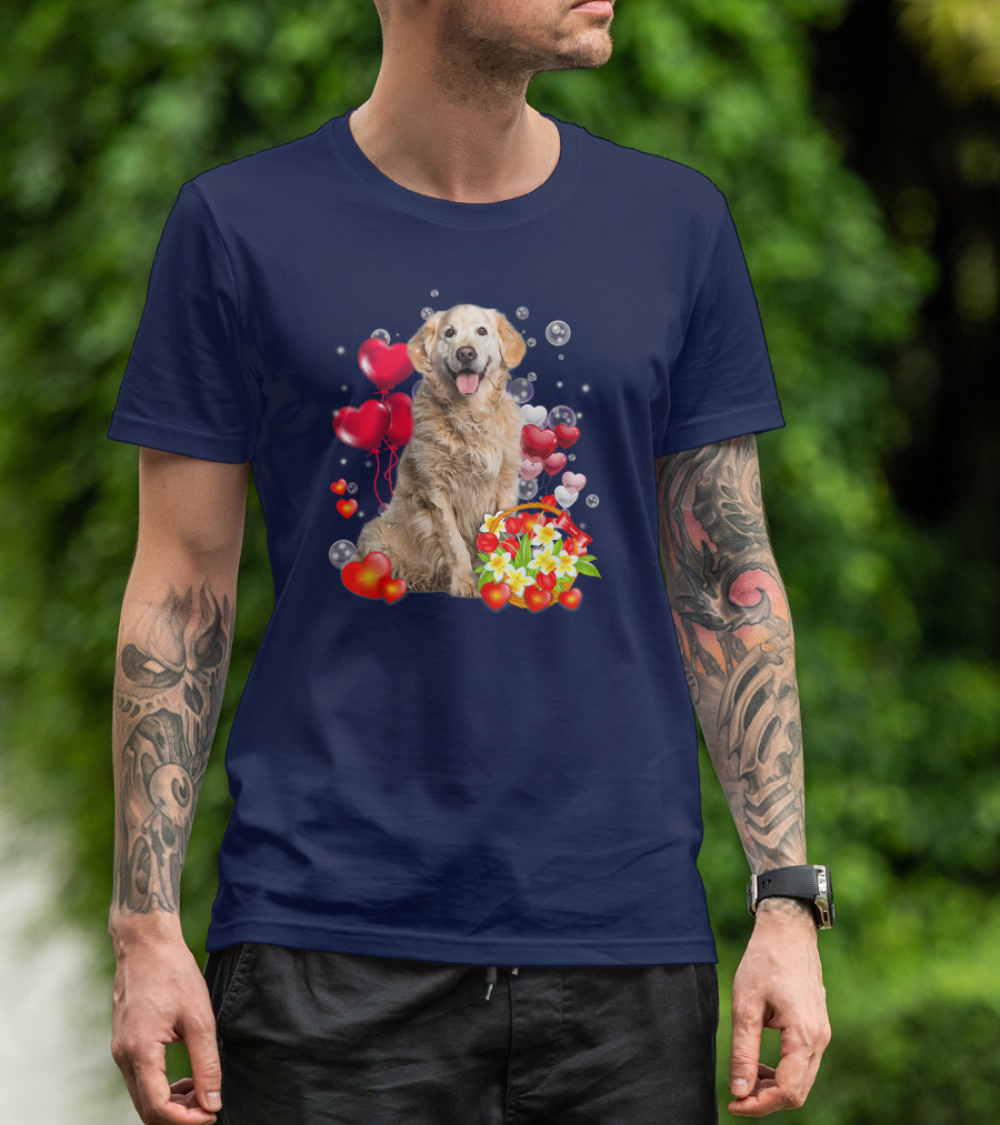 Golden Retriever Surrounded By Heart Balloons And Flowers T-Shirt