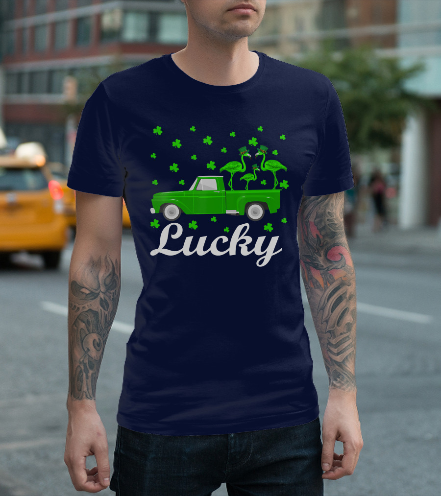 Lucky Flamingo St Patrick's Day Truck with Shamrocks T-Shirt