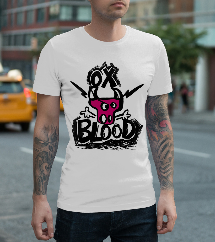OX BLOOD Sketched Bull Face with Bold Text and Stylized Outlines T-Shirt