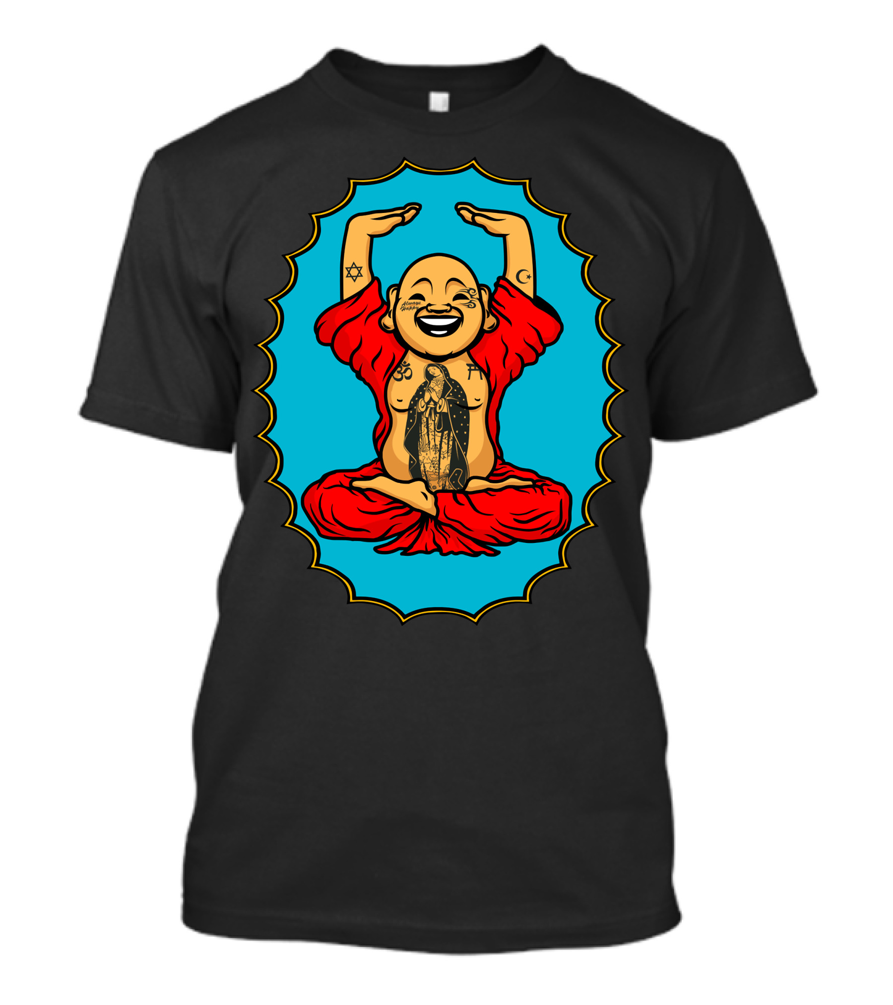 Always Happy Buddha Laughing With Religious Symbols T-Shirt