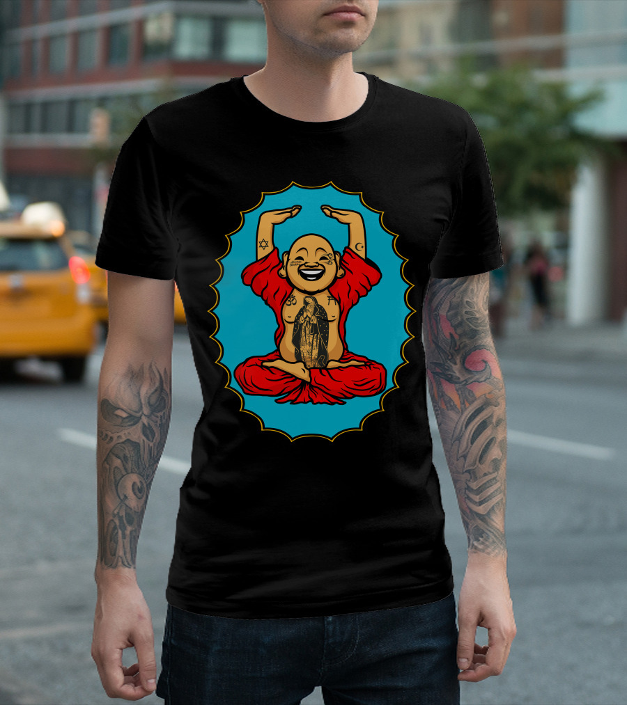 Always Happy Buddha Laughing With Religious Symbols T-Shirt