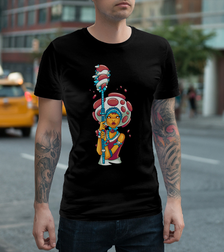Mushroom Warrior with Staff and Beaded Headgear T-Shirt