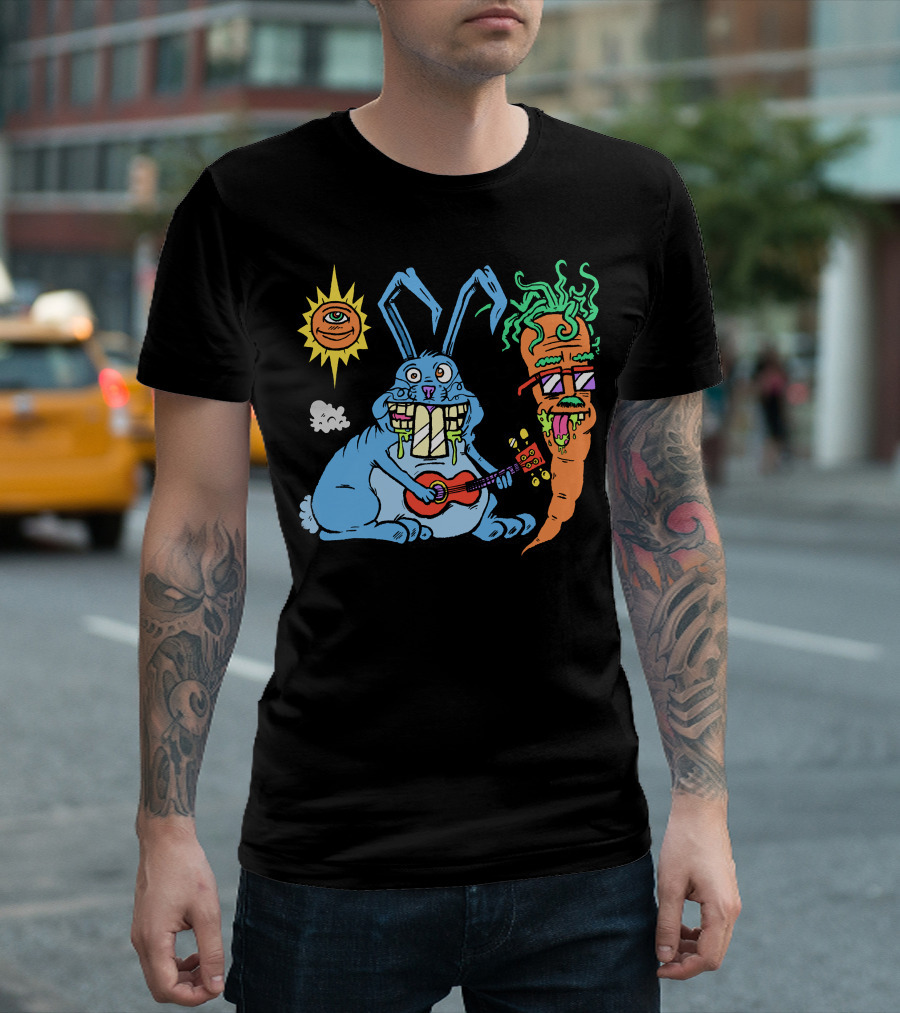 Ukulele Rabbit with Sun Eye and Cool Carrot Friend T-Shirt