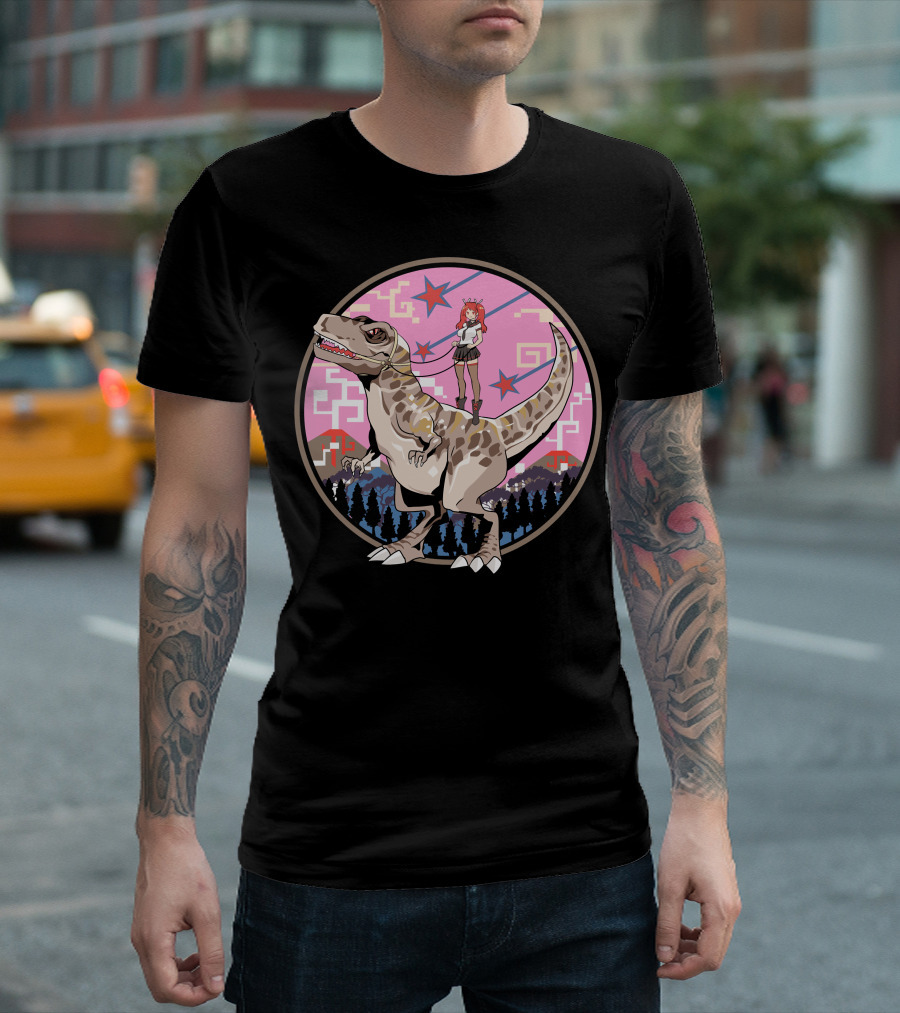 Ride Dinosaur with Anime Girl and Stars in Pink Retro Background T-Shirt