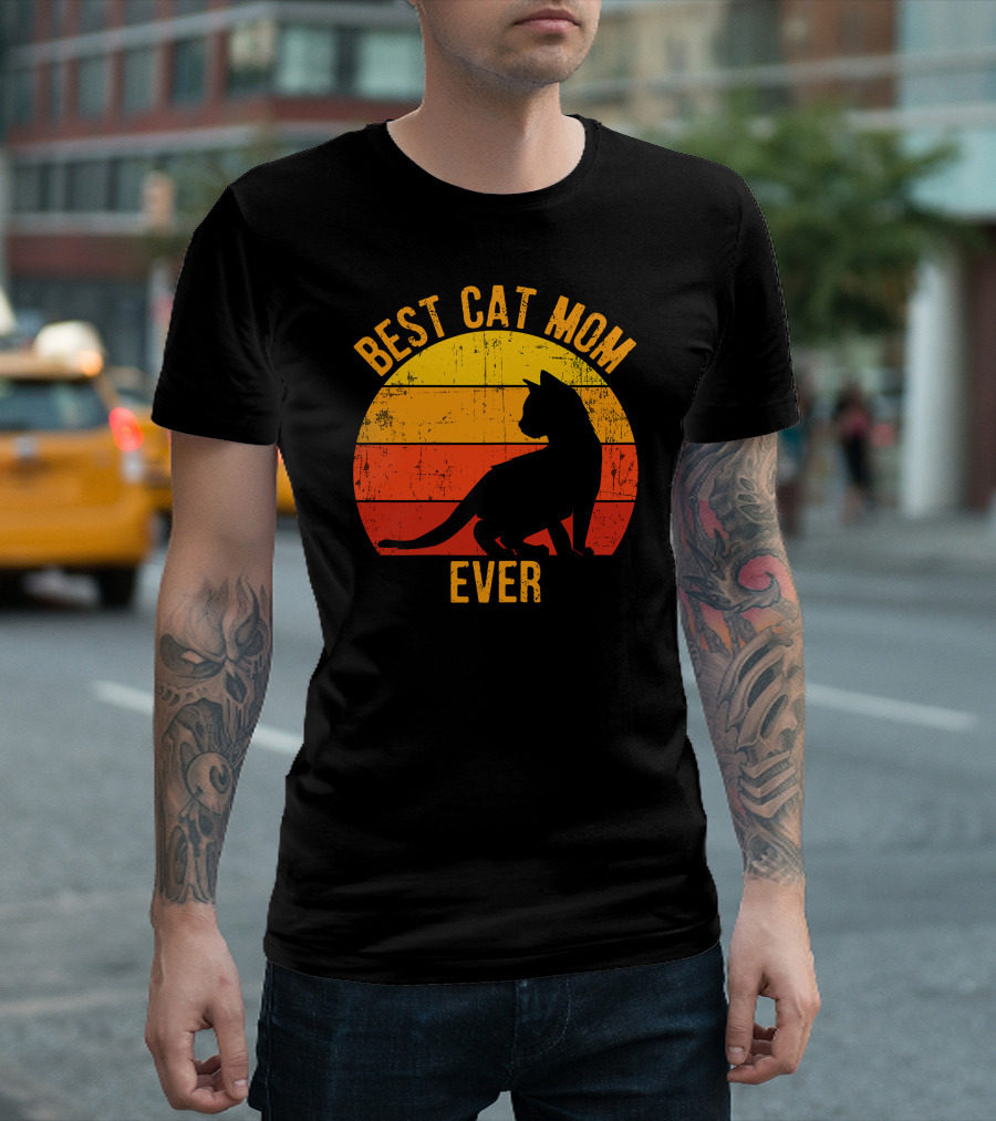 Best Cat Mom Ever Retro Sunset T-Shirt