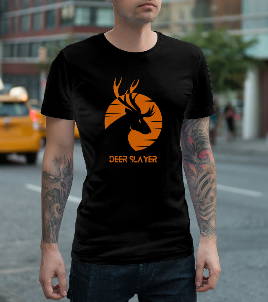 Deer Slayer Hunter Silhouette In Orange Sunburst Circle T-Shirt