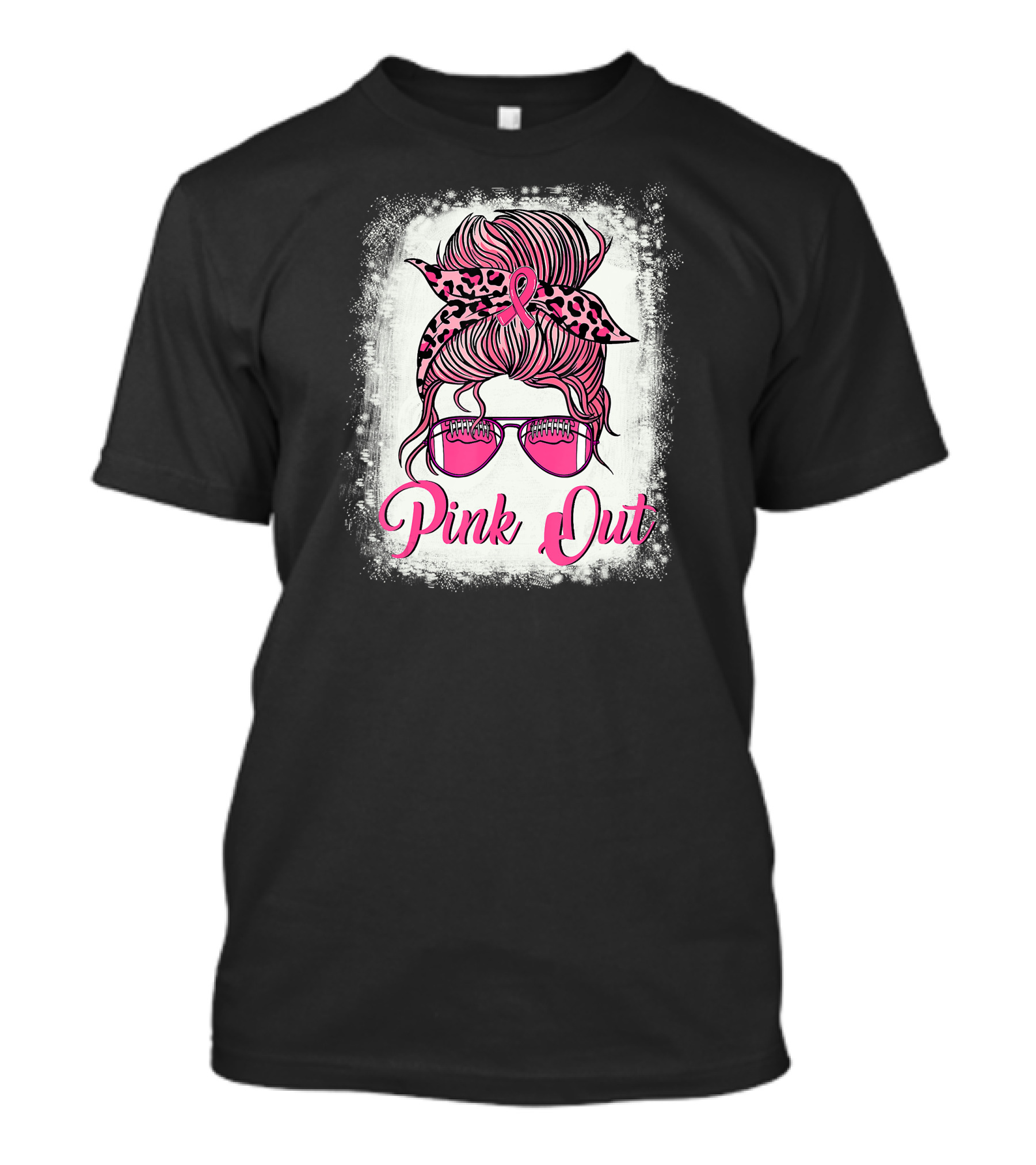 Pink Out Breast Cancer Awareness Football Mom Messy Bun Bleached T-Shirt