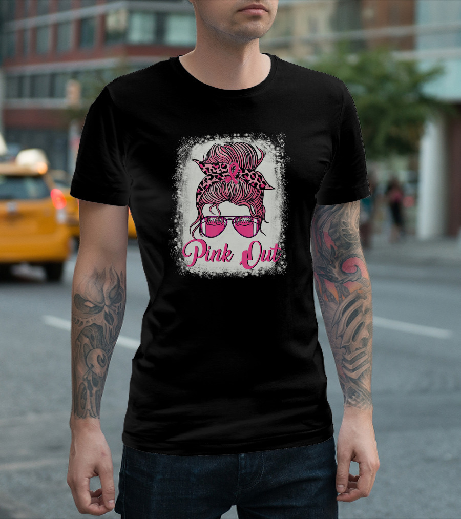 Pink Out Breast Cancer Awareness Football Mom Messy Bun Bleached T-Shirt