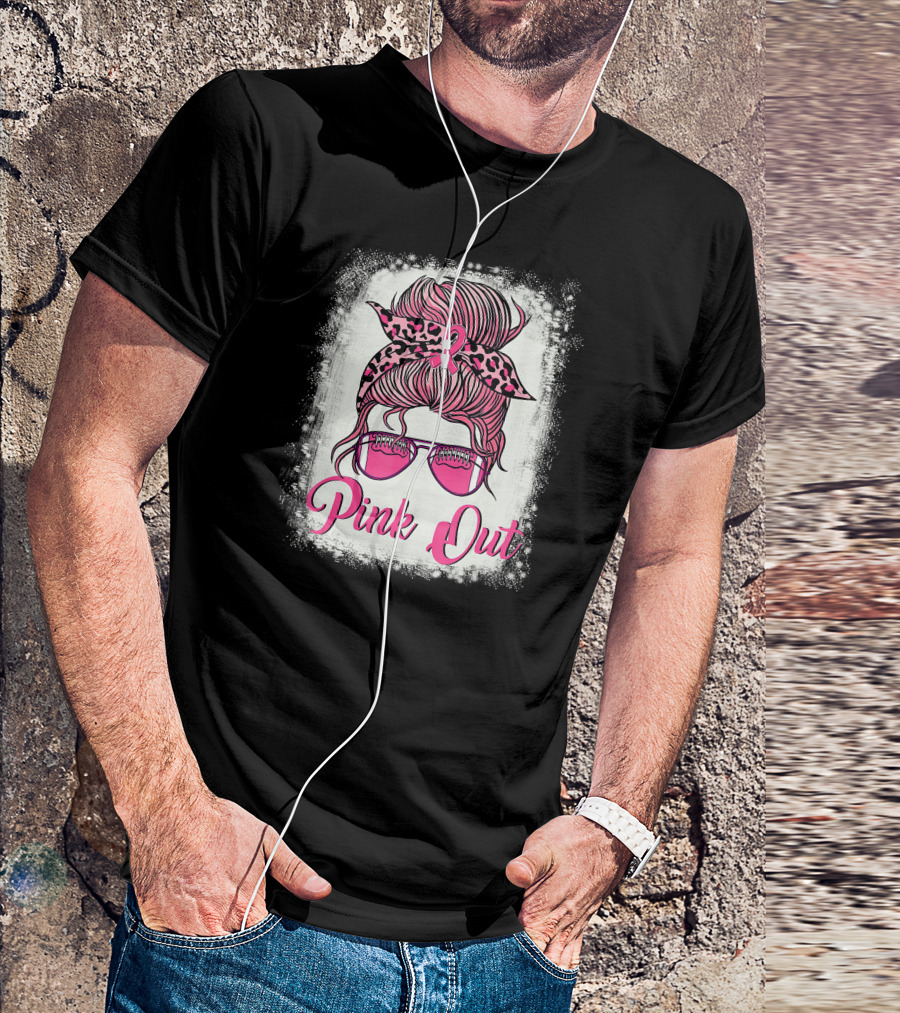 Pink Out Breast Cancer Awareness Football Mom Messy Bun Bleached T-Shirt