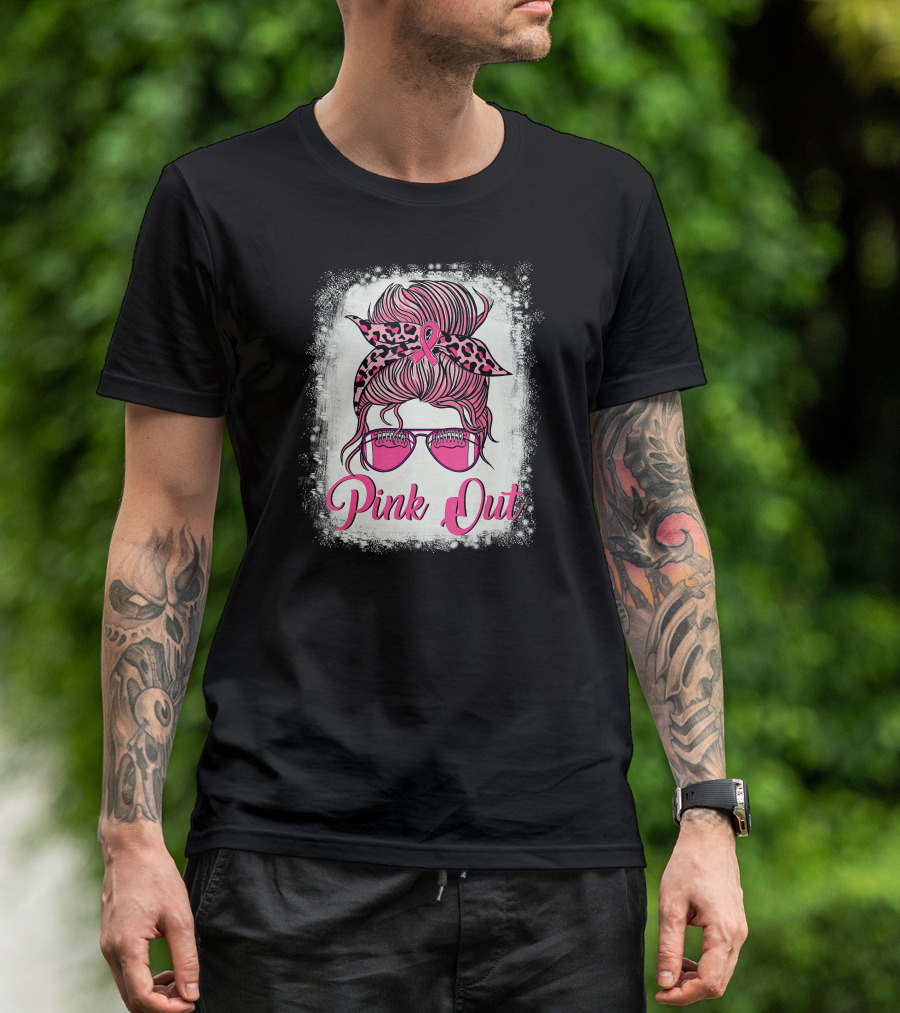 Pink Out Breast Cancer Awareness Football Mom Messy Bun Bleached T-Shirt
