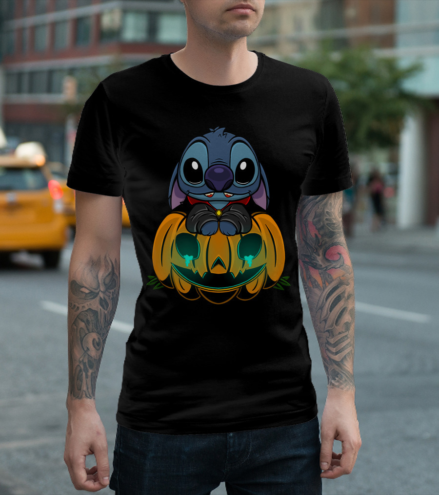 Cute Halloween Stitch with Glowing Pumpkin T-Shirt