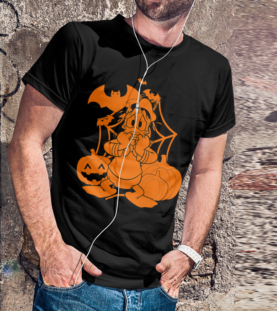 Donald Duck Halloween Pumpkins With Bat And Spider Webs T-Shirt