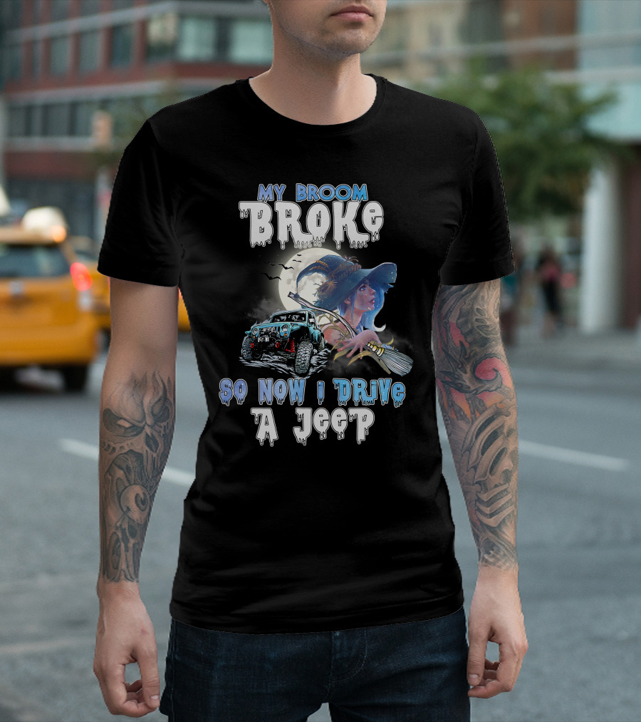 My Broom Broke Witch and Jeep Adventure with Moon and Bats T-Shirt