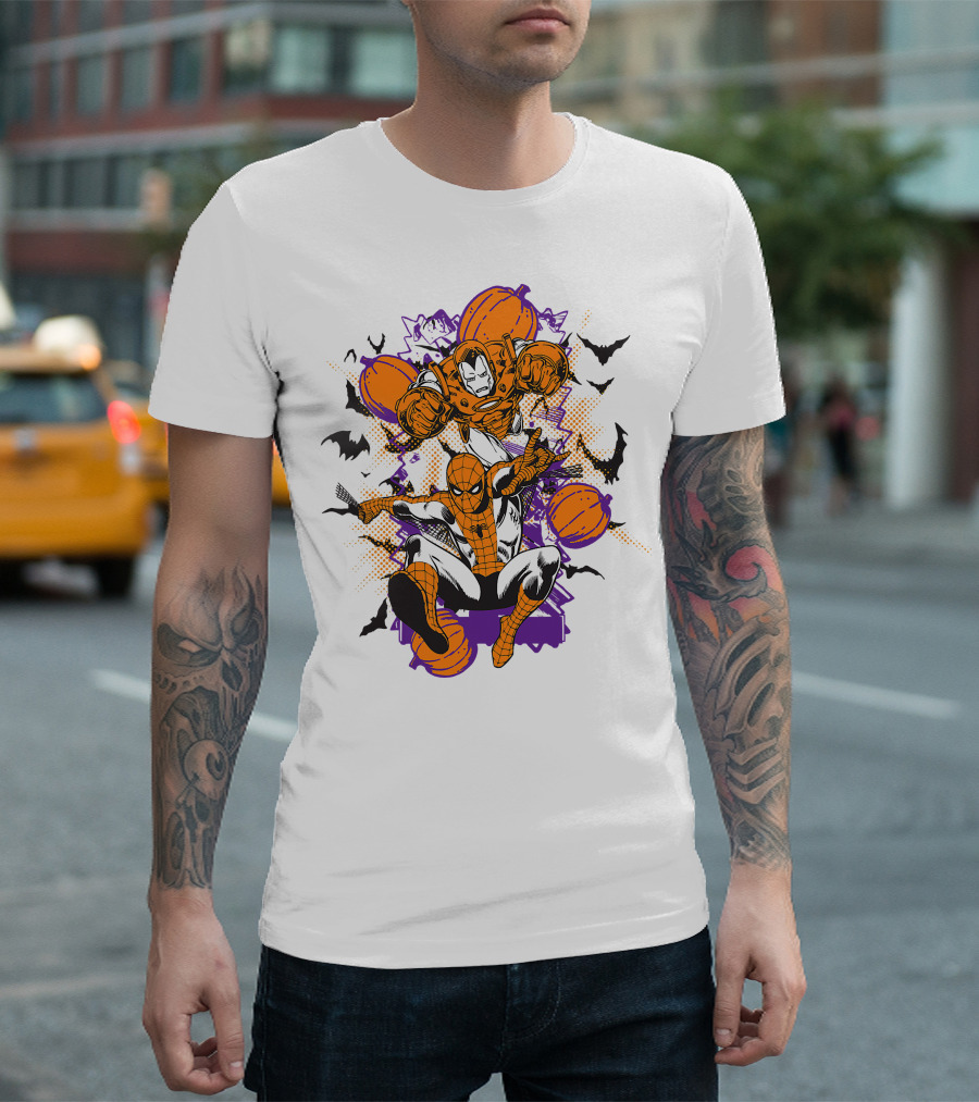 Marvel Spider Man and Iron Man Halloween Pumpkins and Bats T-Shirt