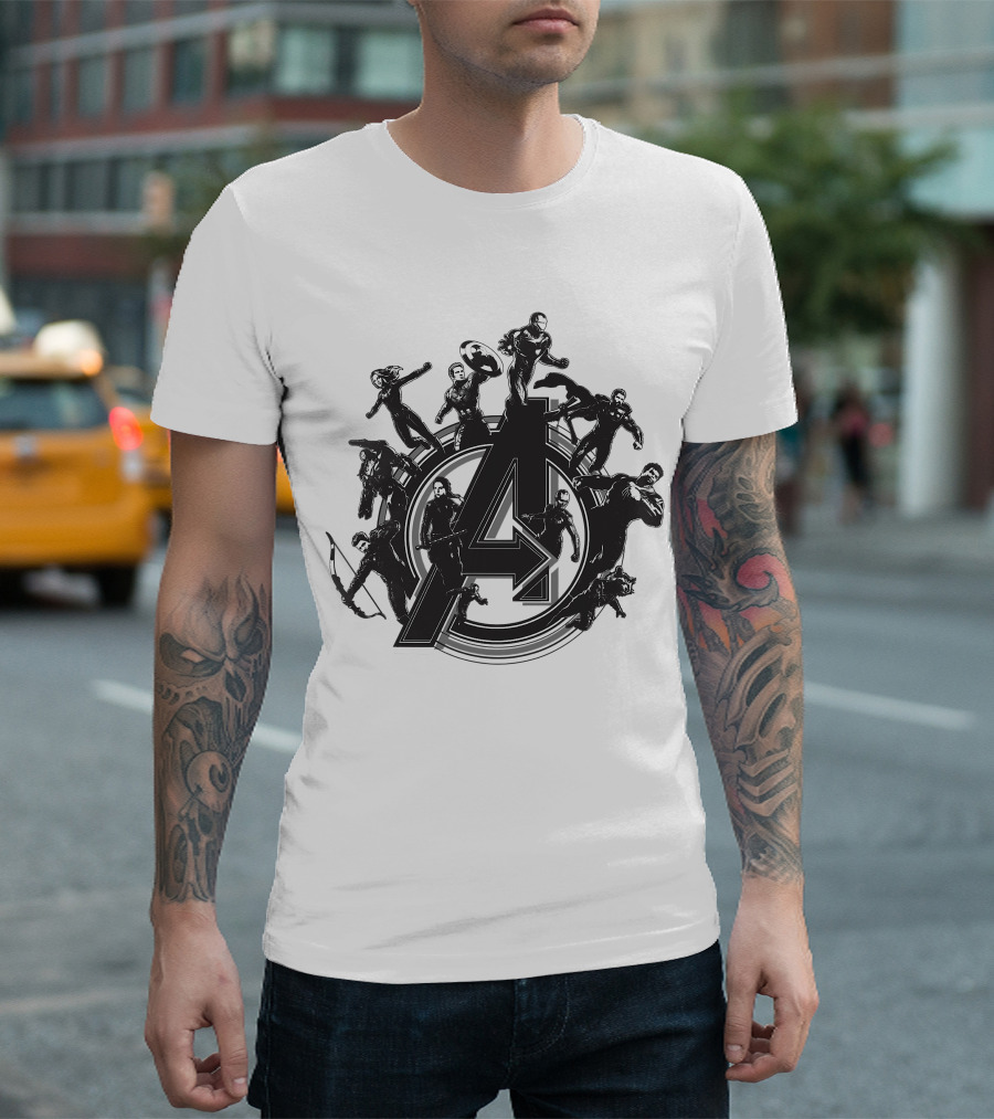 Marvel Avengers Endgame Flying Heroes Emblem with Iconic Characters T-Shirt