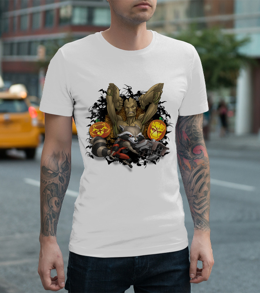 Groot and Rocket Raccoon Halloween Jack o' Lantern Duo T-Shirt