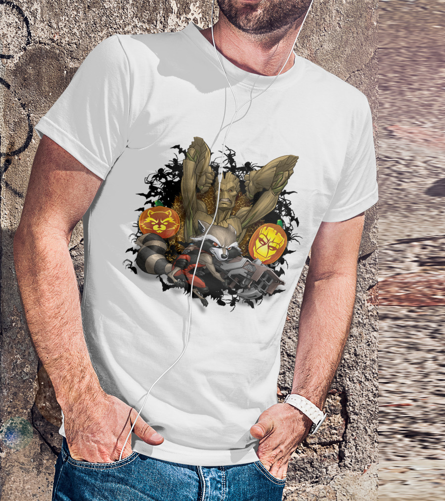 Groot And Rocket Raccoon Halloween Jack O' Lantern Duo T-Shirt