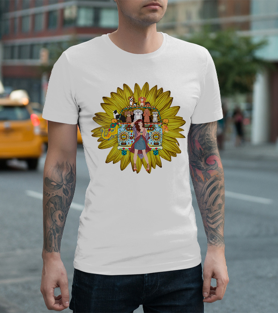 I'm Mostly Peace Love Animals Hippie Van Sunflower Dogs T-Shirt