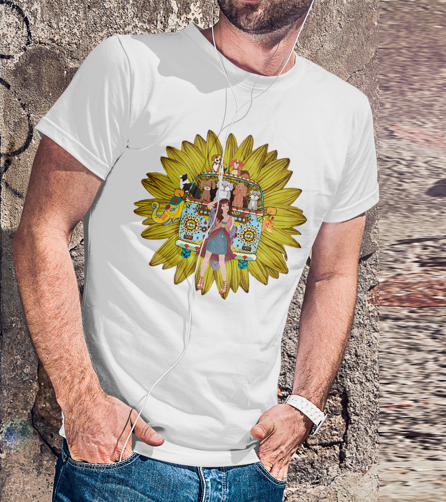I'm Mostly Peace Love Animals Hippie Van Sunflower Dogs T-Shirt