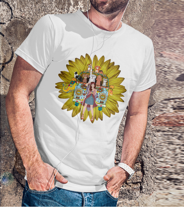 I'm Mostly Peace Love Animals Hippie Van Sunflower Dogs T-Shirt