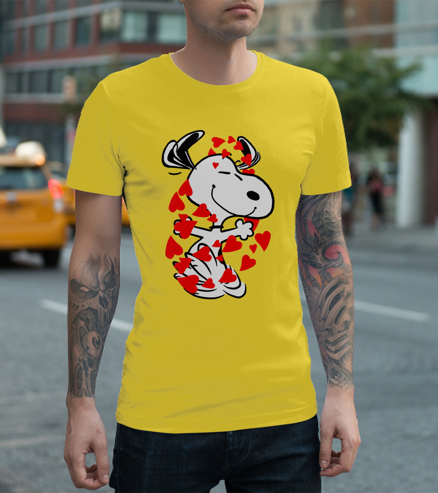 Snoopy Surrounded by Red Hearts Hugging Blissfully T-Shirt