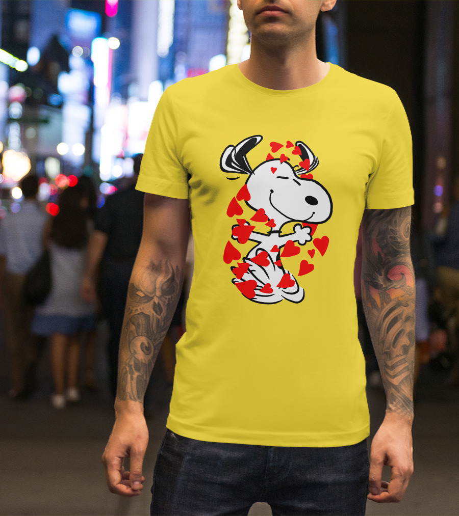 Snoopy Surrounded By Red Hearts Hugging Blissfully T-Shirt