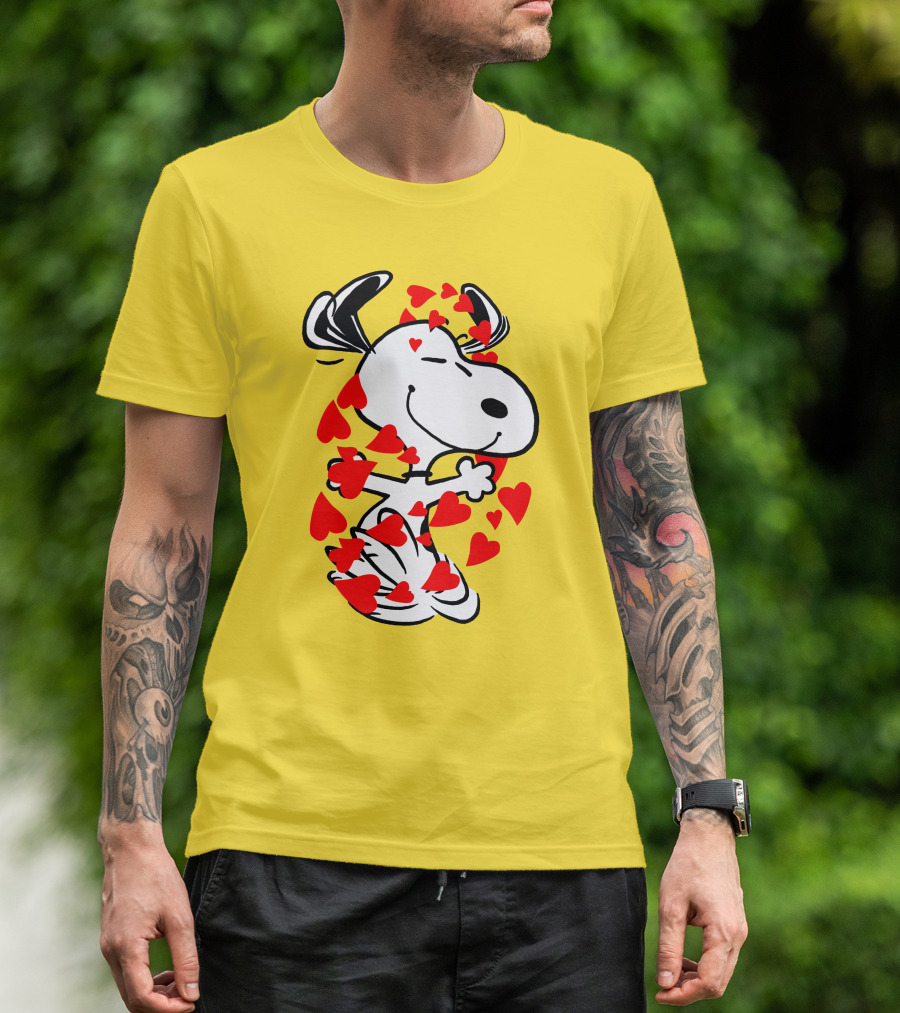 Snoopy Surrounded By Red Hearts Hugging Blissfully T-Shirt