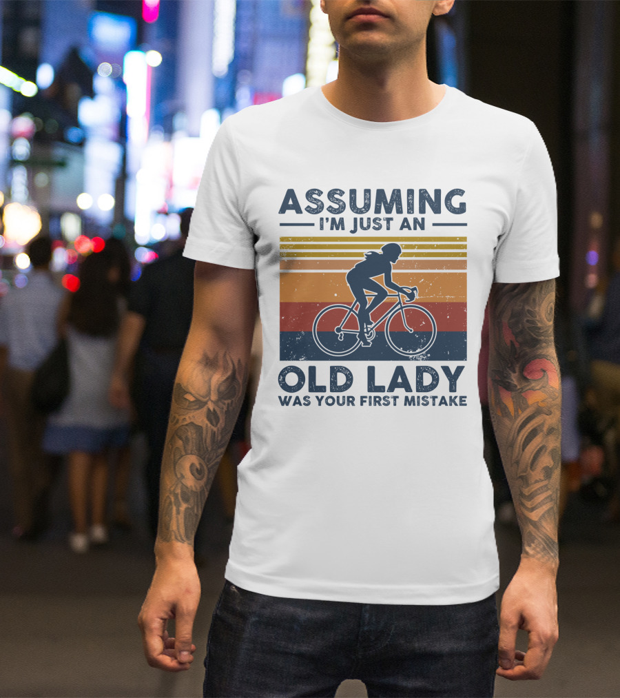 Assuming I'm Just An Old Lady Was Your First Mistake Biking Silhouette Retro Stripes T-Shirt