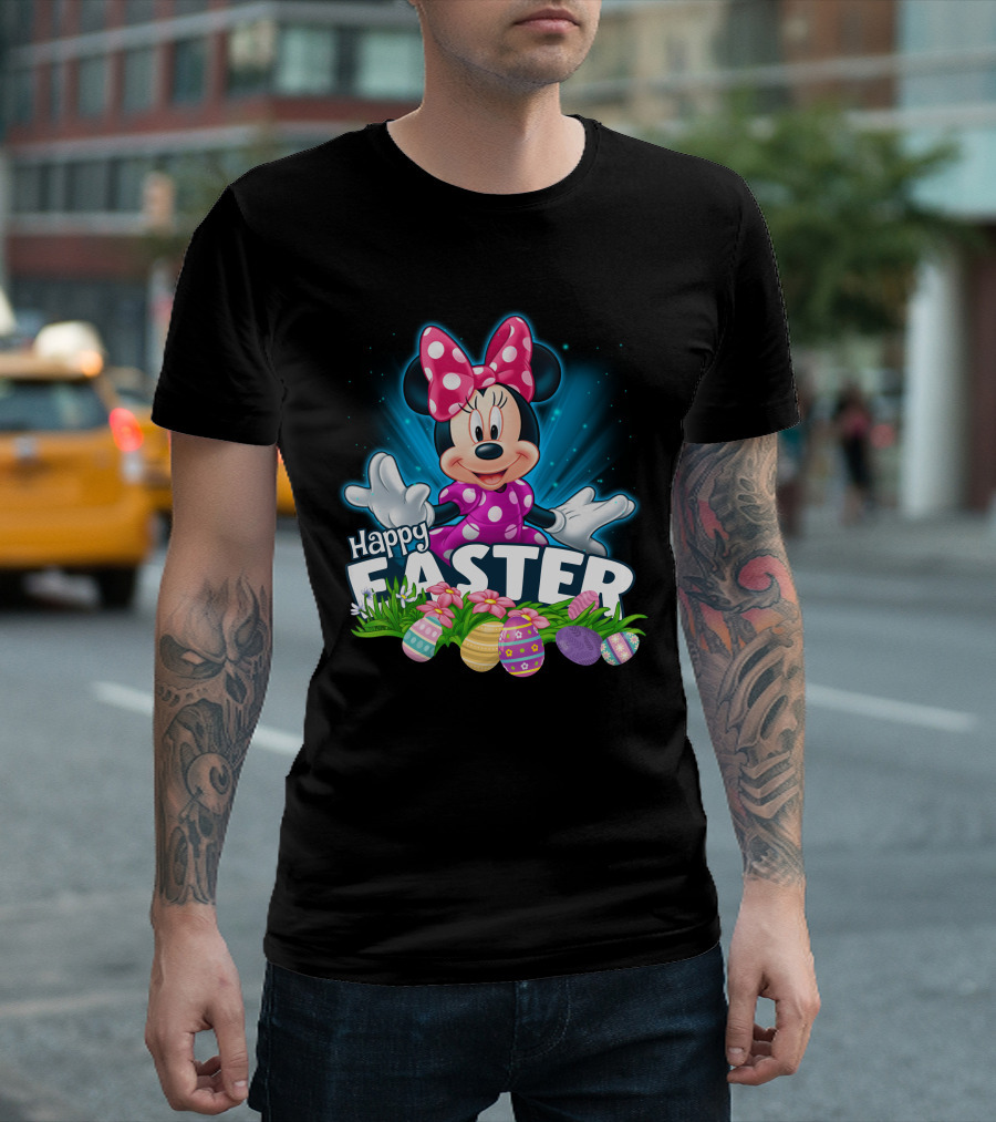 Minnie Mouse Happy Easter With Colorful Eggs And Flowers T-Shirt