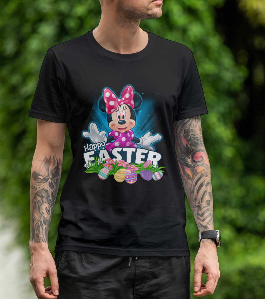 Minnie Mouse Happy Easter With Colorful Eggs And Flowers T-Shirt