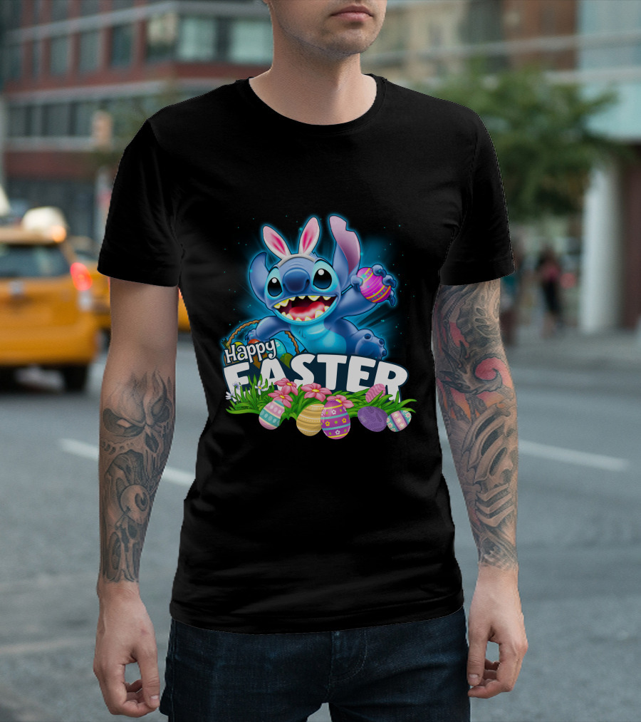 Happy Easter Stitch With Colorful Eggs And Flowers T-Shirt