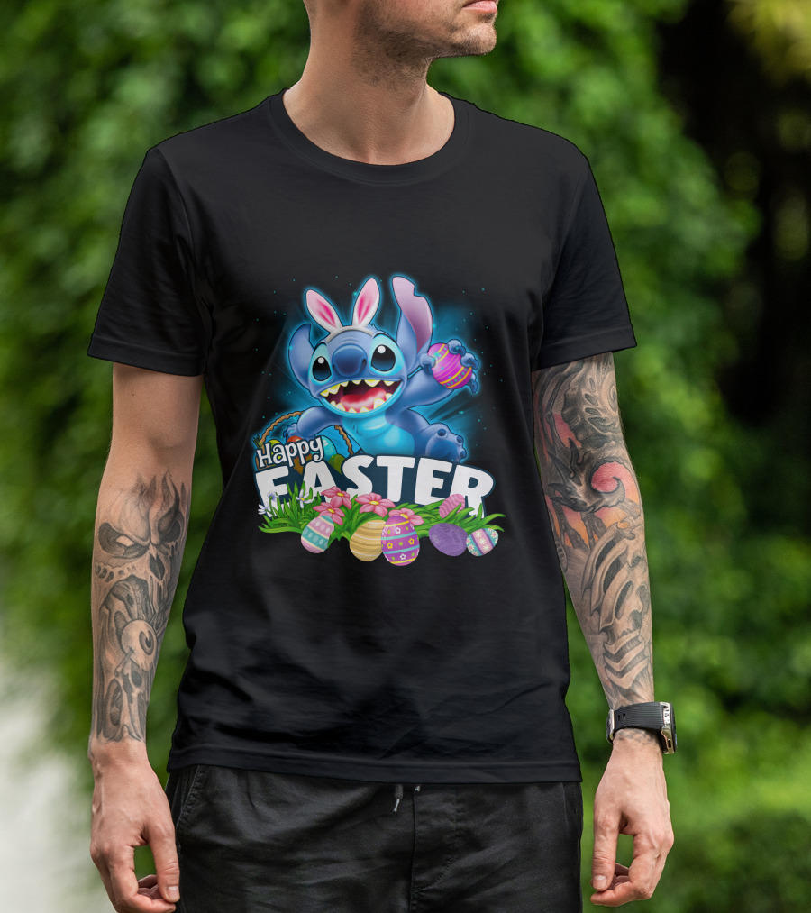 Happy Easter Stitch With Colorful Eggs And Flowers T-Shirt
