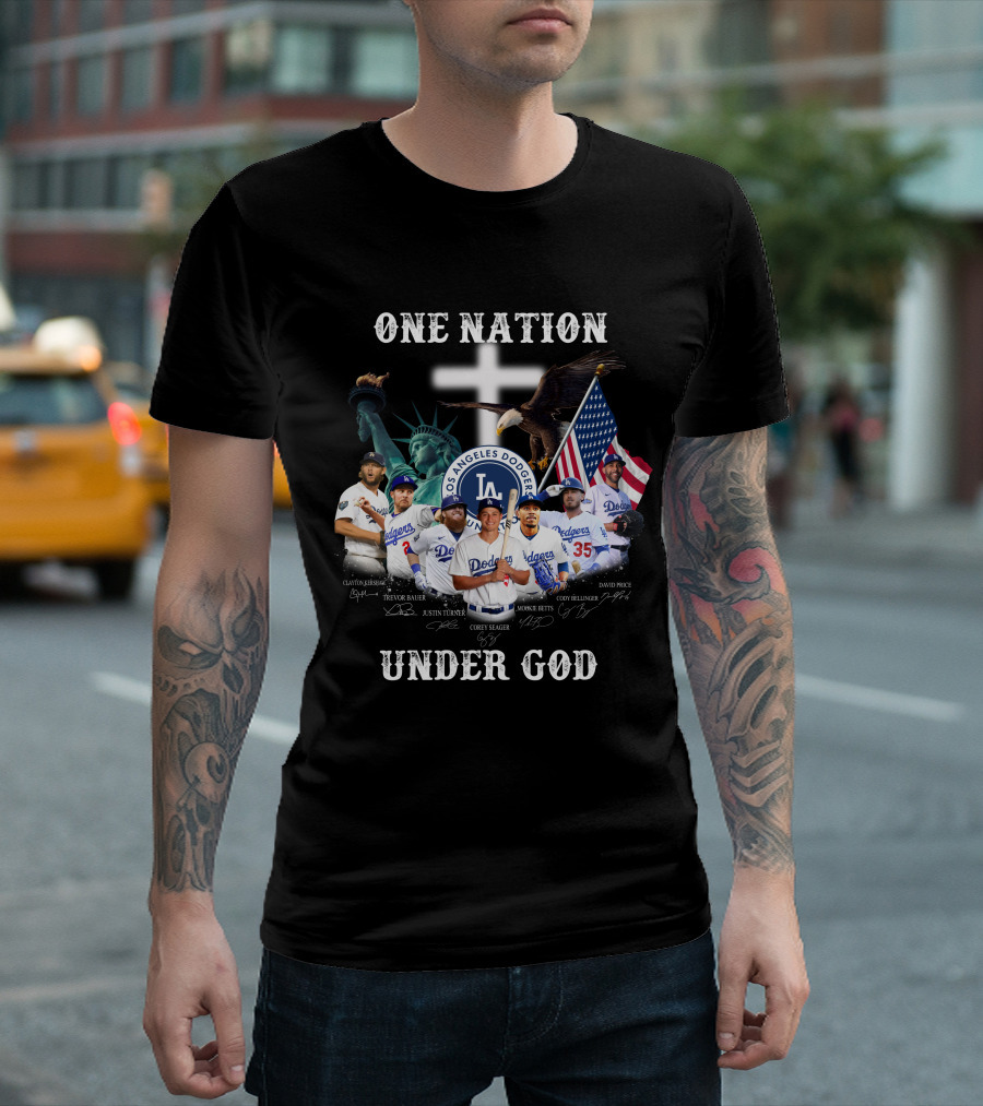 Los Angeles Dodgers One Nation Under God Statue of Liberty and American Flag T-Shirt