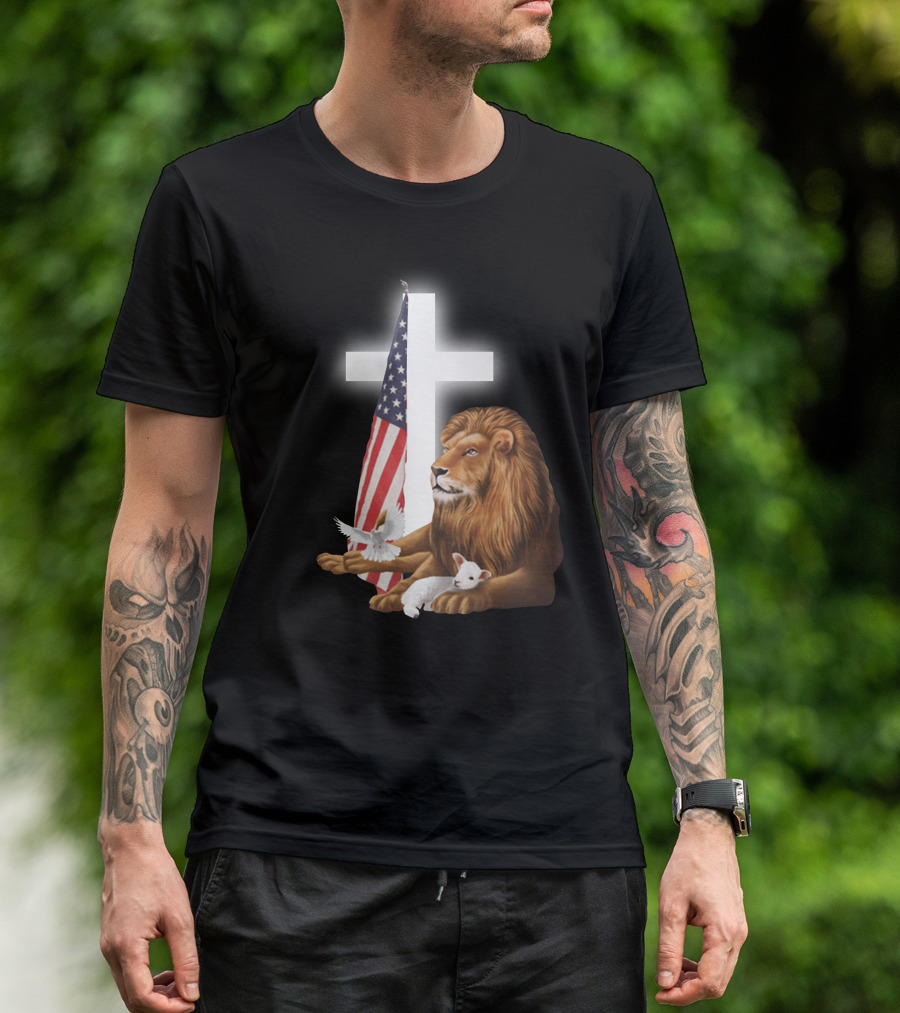 Lion With American Flag And Cross T-Shirt