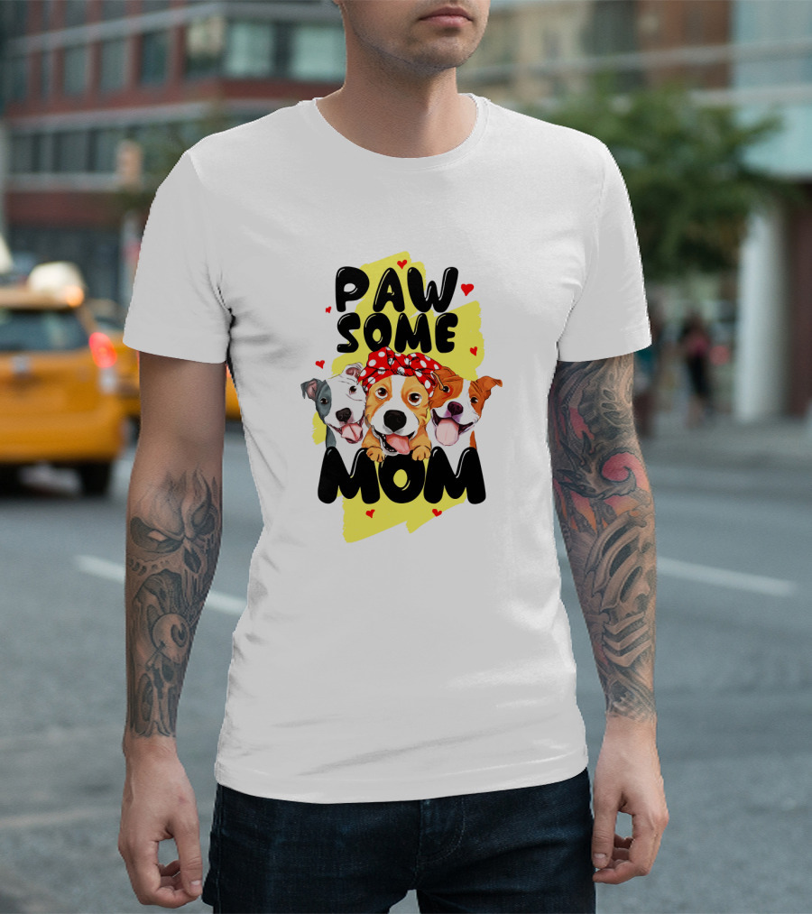 PAW SOME MOM Pups with Bandana and Hearts T-Shirt