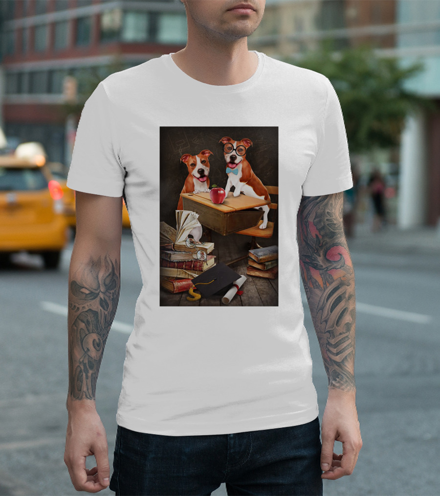 Pitbull Teacher Dogs with Books and Graduation Cap T-Shirt