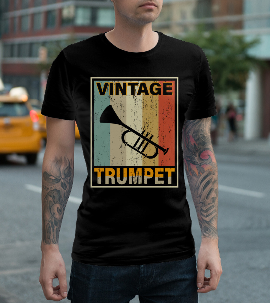 Vintage Trumpet Distressed Retro Stripes T-Shirt