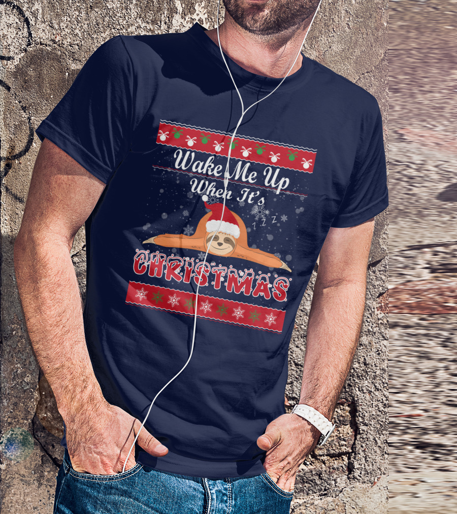 Wake Me Up When It's Christmas Sloth Santa Hat Snowflakes Zzz T-Shirt