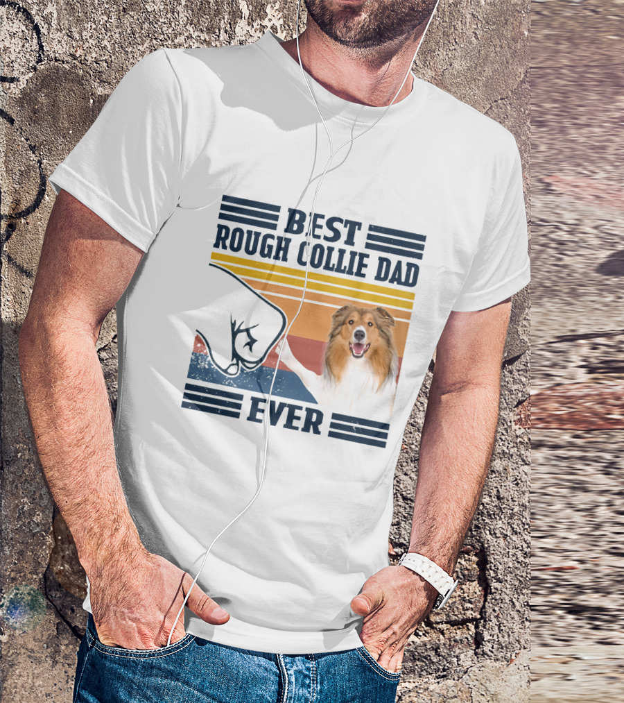Best Rough Collie Dad Ever Fist Bump Retro Stripes T-Shirt