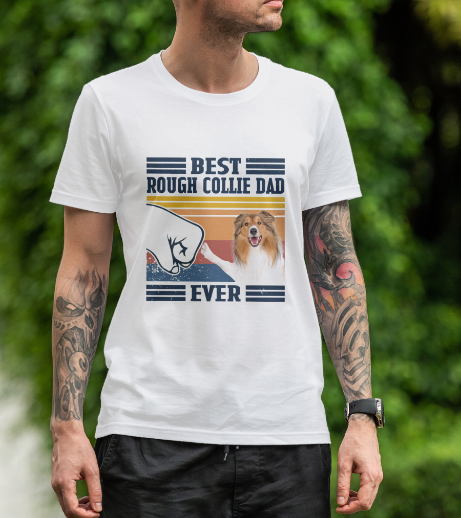 Best Rough Collie Dad Ever Fist Bump Retro Stripes T-Shirt