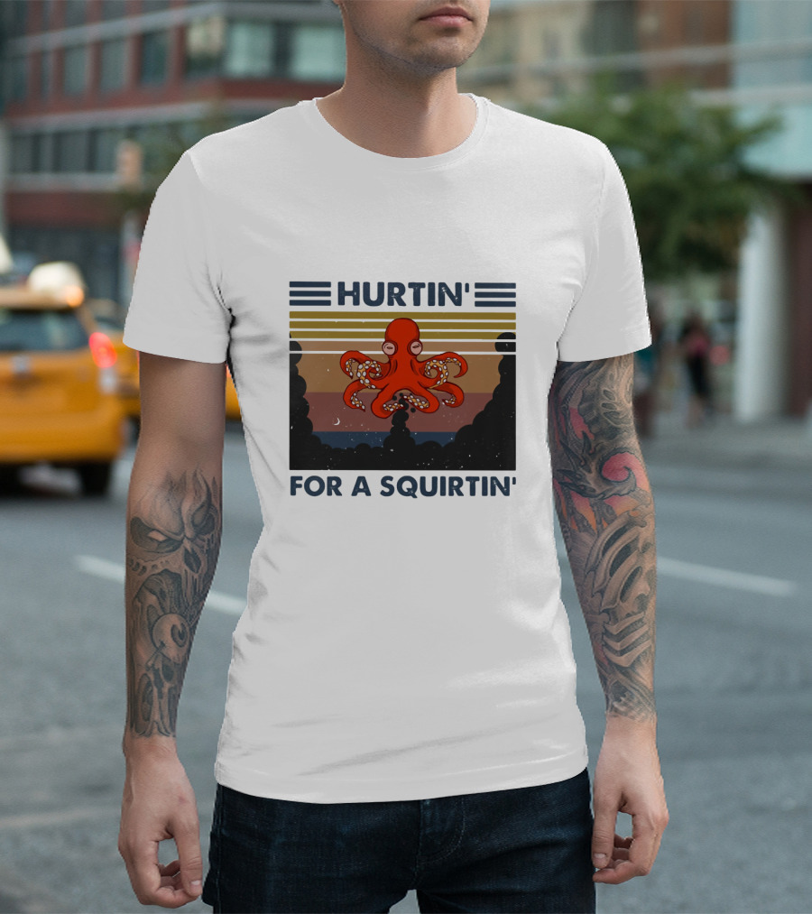 Hurtin' For A Squirtin' Octopus Retro Sunset Ocean Scene T-Shirt