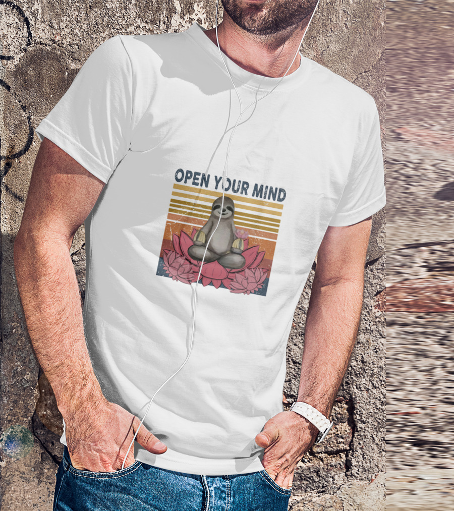 Open Your Mind Yoga Sloth On Lotus With Retro Stripes T-Shirt
