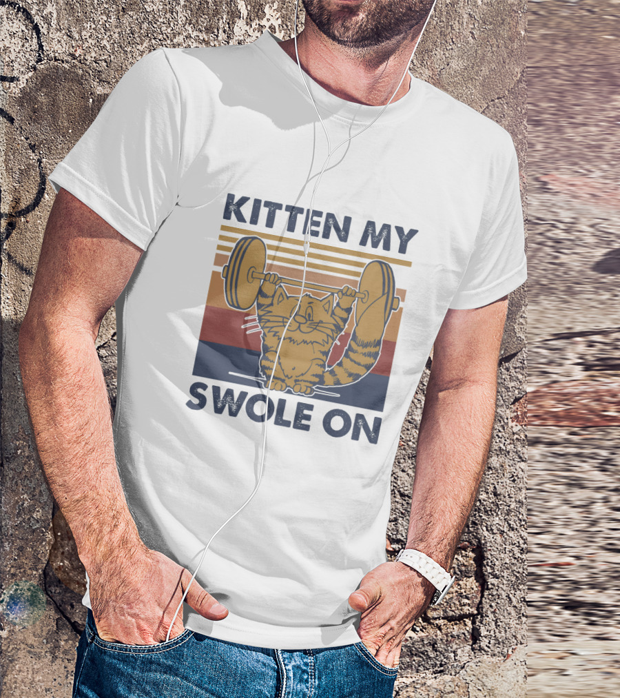 KITTEN MY SWOLE ON Cat Weightlifting Retro Stripes T-Shirt