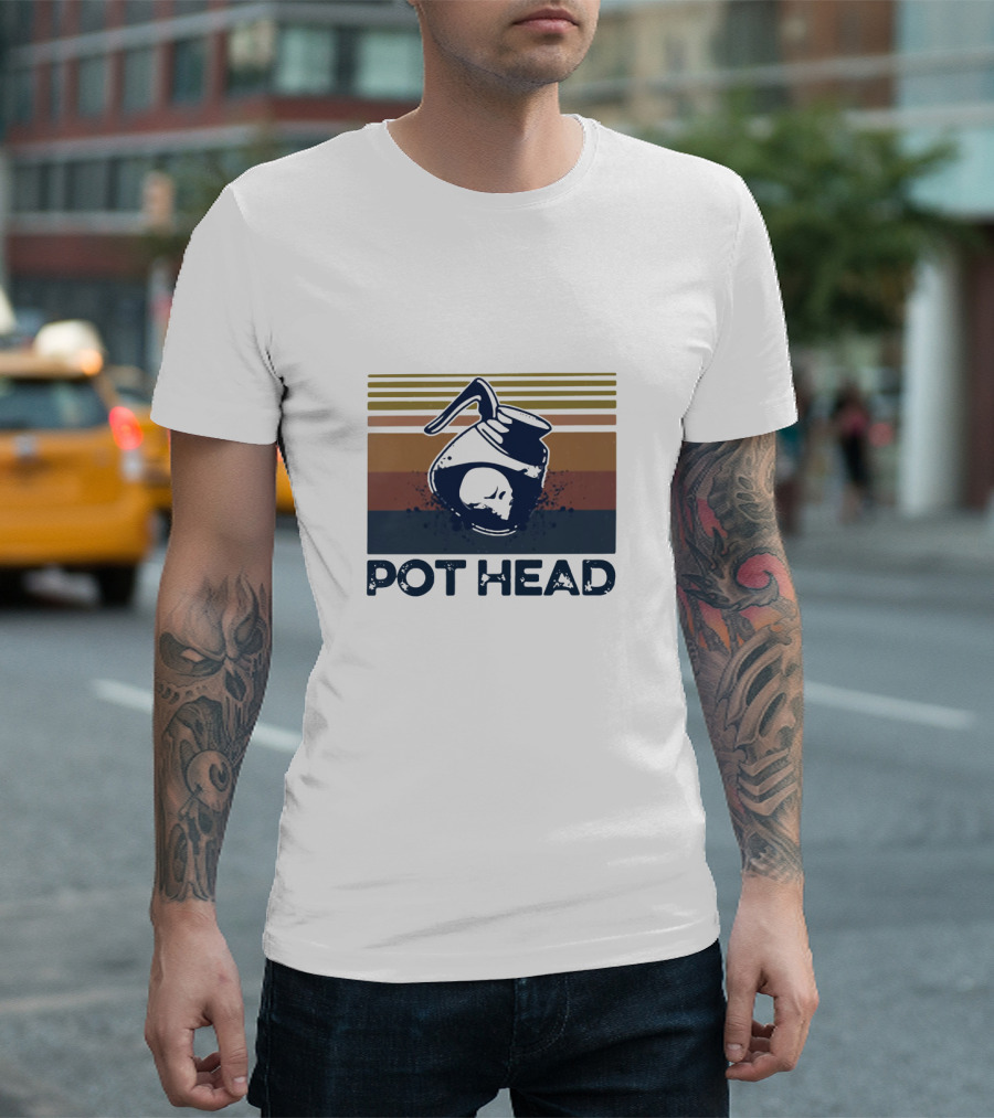 Pot Head Skull Coffee Pot Vintage Stripes T-Shirt